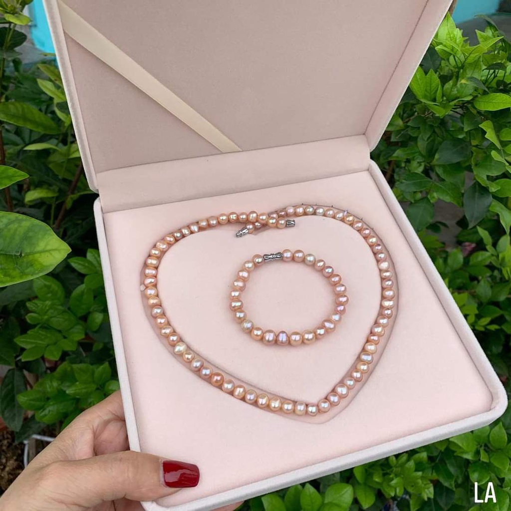 Bộ trang sức trai thật nuôi nước ngọt tự nhiên 6li màu hồng ánh cam gồm vòng cổ, vòng tay, bông tai hạt tuyển bóng đẹp
