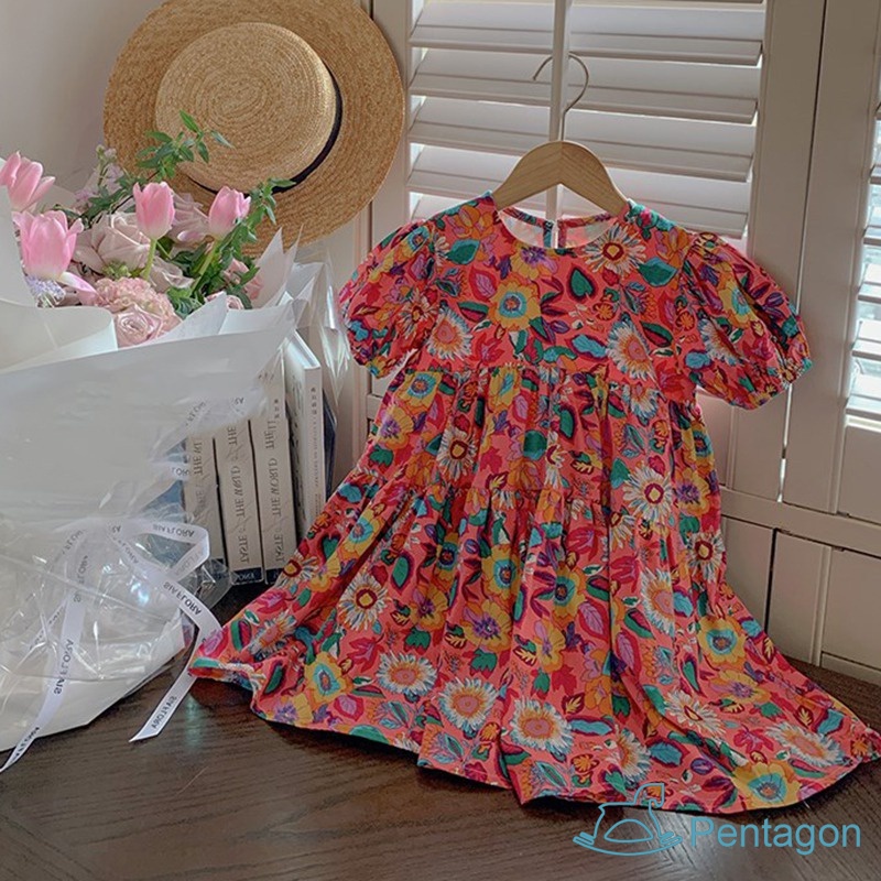 Đầm Công Chúa Dáng Rộng Tay Phồng Cổ Tròn Thoáng Khí Thân Thiện Với Da Thời Trang Cho Bé Gái