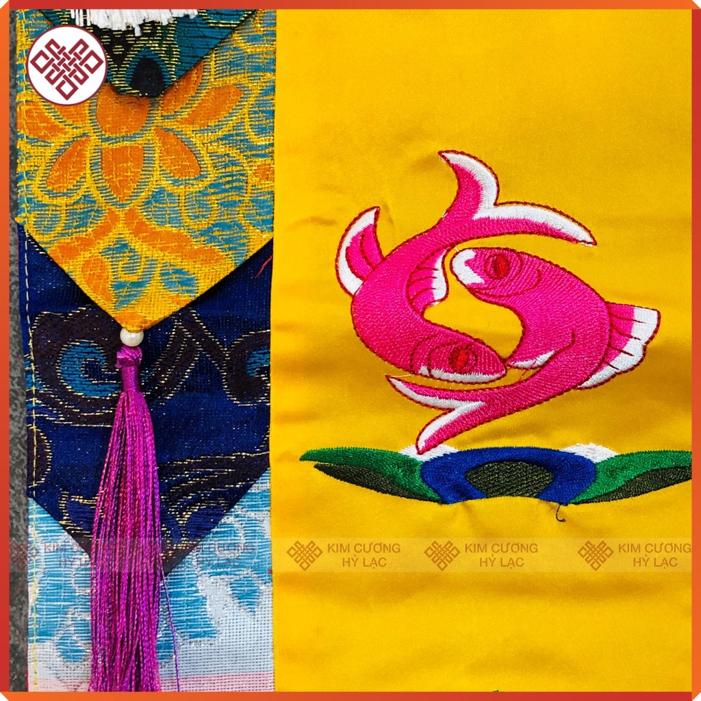 Phướn Bát Cát Tường  Mật Tông [Kim Cương Hỷ Lạc] 150x25cm Gấm Lụa