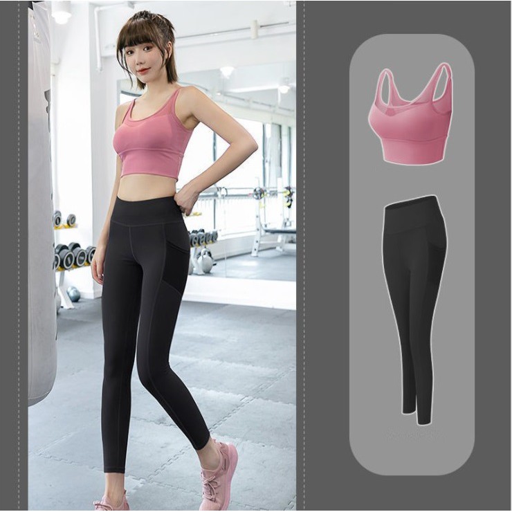 set bộ đồ tập gym, yoga, aerobic nữ áo bra quần dài cạp cao có túi đùi