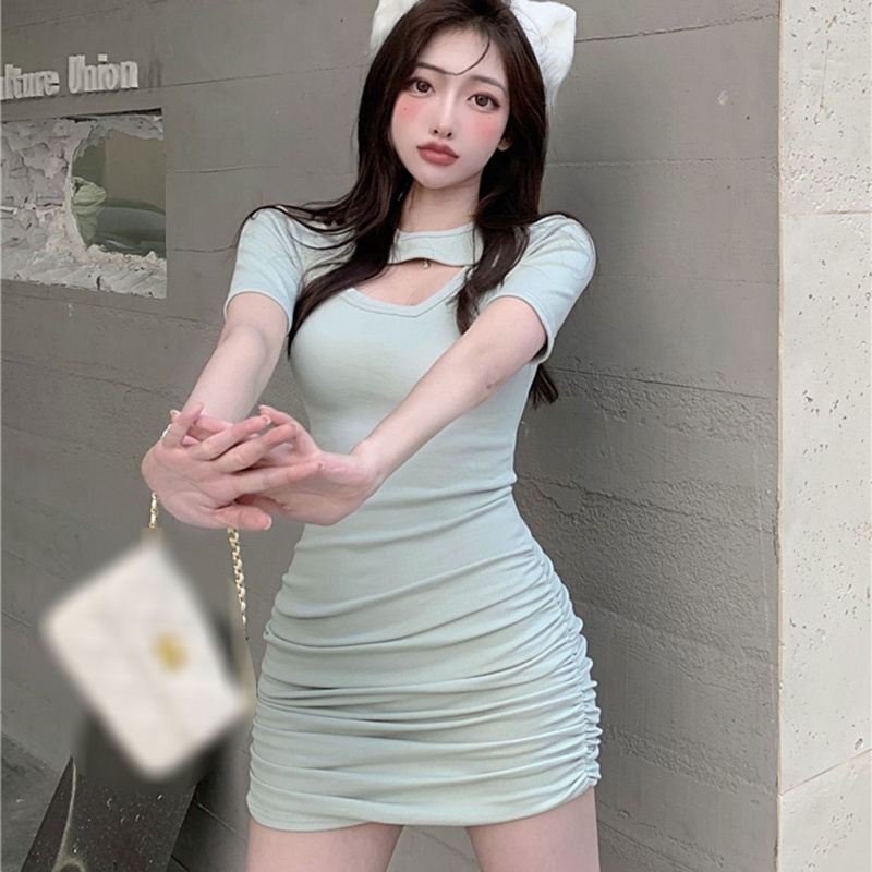 Đầm Mini Tay Ngắn Cổ Tròn Màu Sắc Đơn Giản Thời Trang Mùa Hè Quyến Rũ Cho Nữ