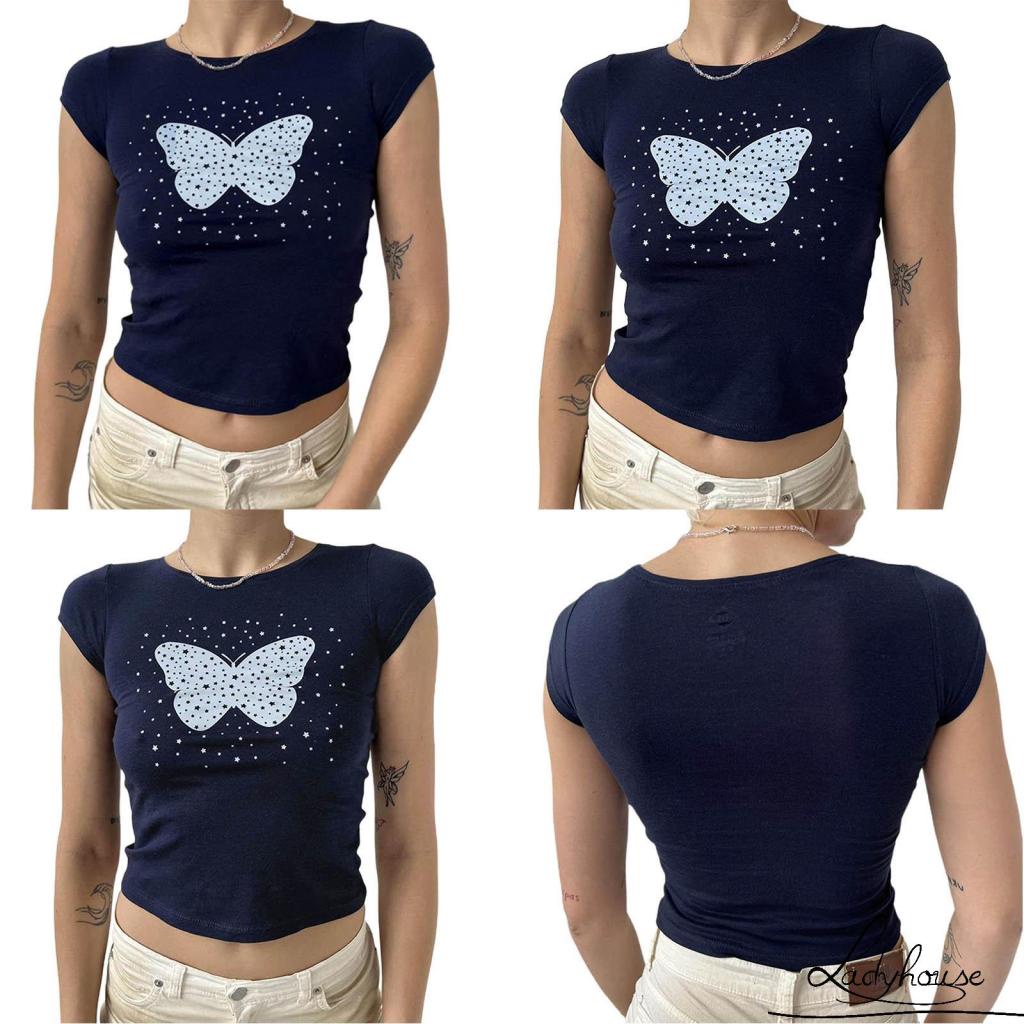 Áo Thun Cổ Tròn Tay Ngắn In Họa Tiết Bướm / Chấm Bi Thời Trang Mùa Hè Dành Cho Nữ