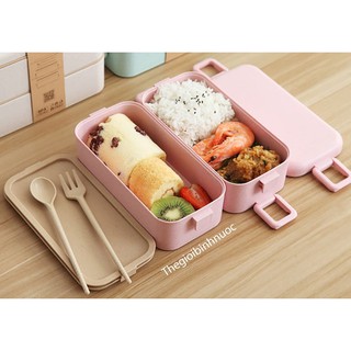 Hộp Cơm 2 Tầng Lúa Mạch tặng kèm muỗng nĩa dùng được lò vi sóng