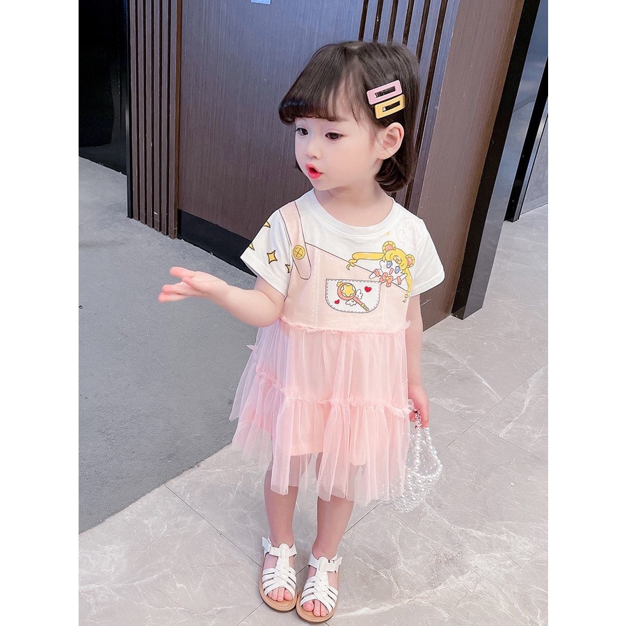 Đầm Công Chúa Tay Ngắn Phối Lưới Họa Tiết Hoạt Hình Phong Cách Hàn Quốc Cho Bé Gái