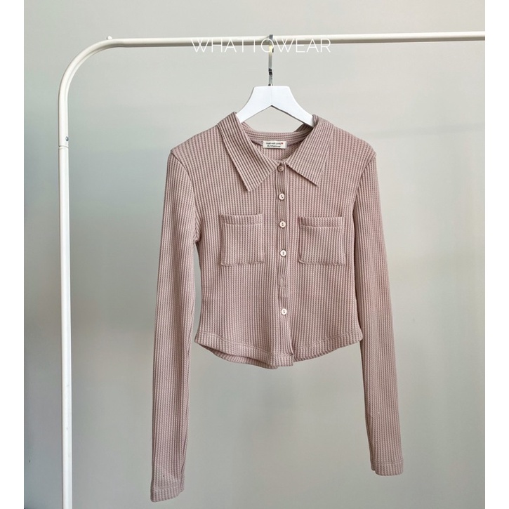 Áo sơ mi croptop thun ô vuông tay dài 2 túi trước ngực