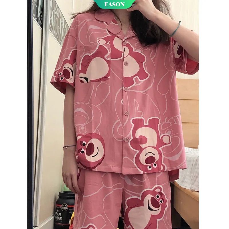 Bộ Đồ Ngủ 2 Món Áo Cardigan Tay Ngắn Phối Quần Short In Hình Dâu Tây Màu Hồng Thời Trang Mùa Hè Cho Nữ