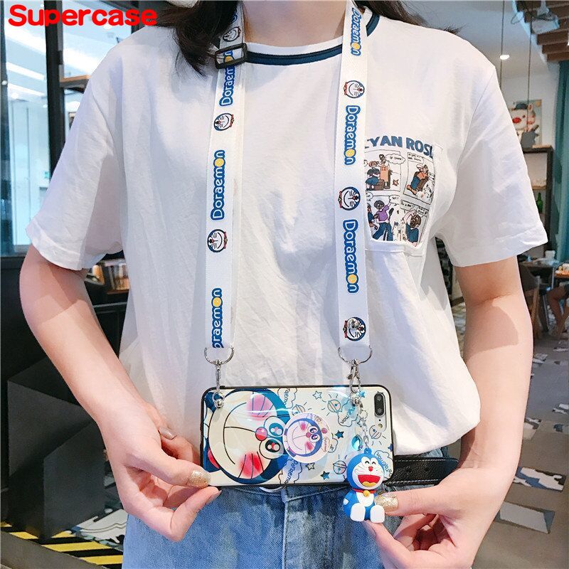 Cartoon doraemon Phone Case Samsung Galaxy A52 A02s A32 A02s A42 J7 J3 Pro J6 Plus S7 Edge Core Soft Couple Cover With Holder Stand Lanyard