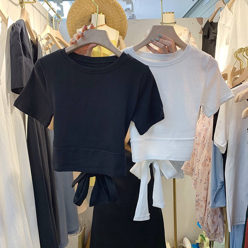 Áo Thun Ngắn Tay Thắt Dây Eo Cổ Tròn Phong Cách Hàn Quốc Dành Cho Nữ