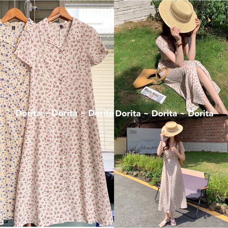 [Ảnh thật/Video] Váy hoa nhí dáng dài vintage Dorita, Đầm hoa nhí cài cúc dáng dài - Dorita Boutique