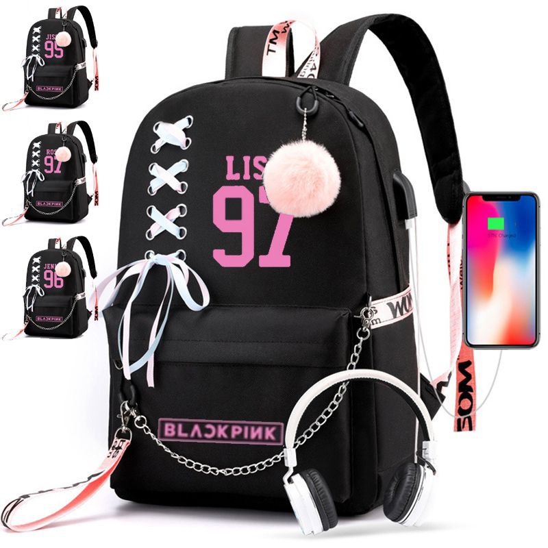 KPOP BlackPink Girl's Backpack Schoolbags USB Charge Travel Laptop Bagpack Bags