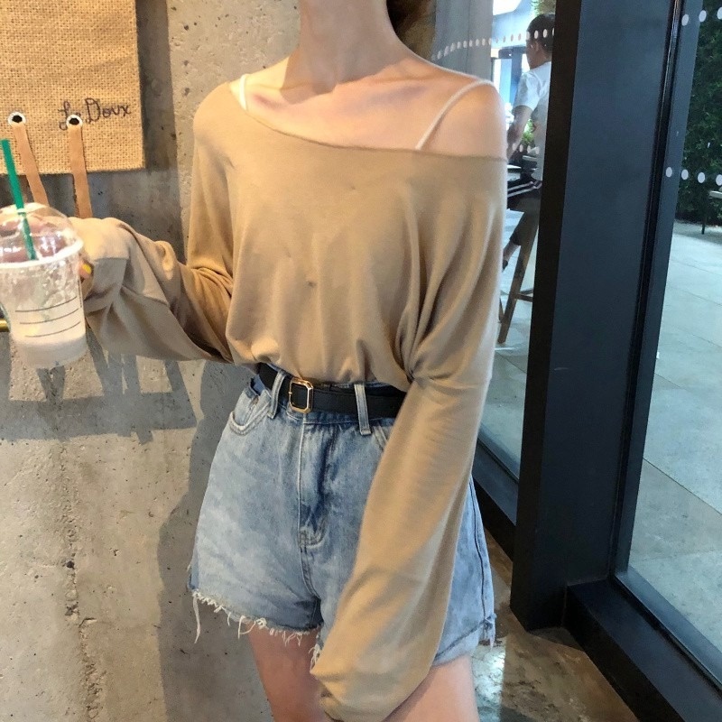 Casual all-match thin simple solid color loose long-sleeved sunscreen bottoming t-shirt