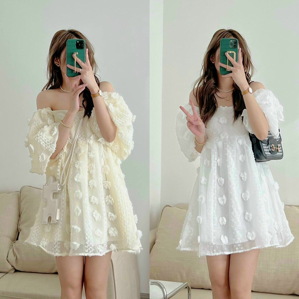 Đầm babydoll trễ vai tay phồng đầm váy nữ phong cách tiểu thư dễ thương xinh xắn cho nàng đi chơi dạo phố cực đẹp