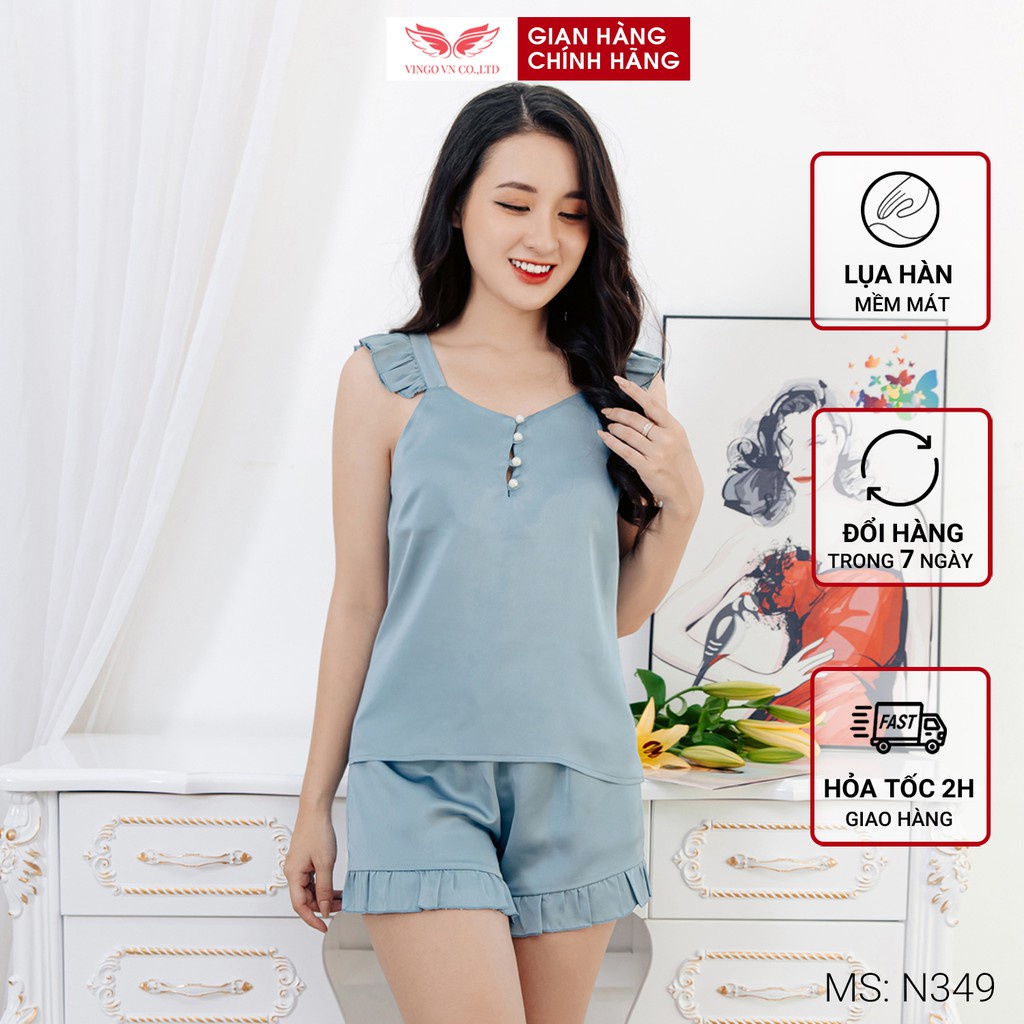 Bộ Đồ Ngủ Nữ Pyjama VINGO Chất Lụa Hàn Trơn Cao Cấp Tay Cánh Tiên Quần Cộc Cổ Phối Cúc Ngọc Thanh Lịch N349 VNGO