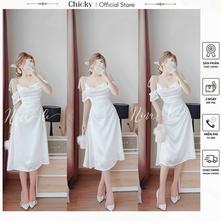 Váy đầm nữ dự tiệc dáng xòe tiều thư kiểu tay rớt cột nơ vai
