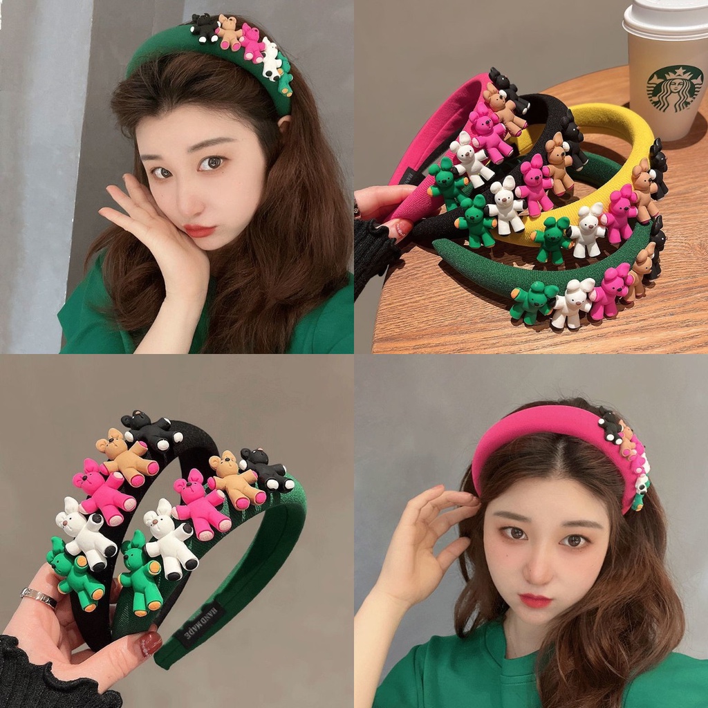 Băng Đô Cài Tóc Hình Gấu Màu Xanh Lá / Đen / Hồng Kiểu Hàn Quốc Xinh Xắn