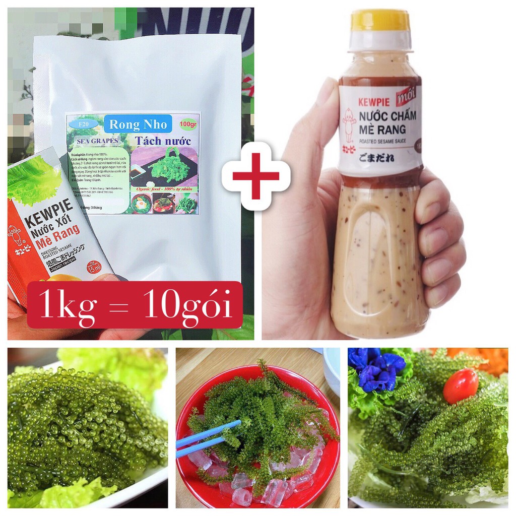 [1kg/10 gói] Rong Nho Tách Nước tặng 1 chai sốt mè - Rong Nho Khô - Rong Nho Ăn Liền - Rong Nho Tươi