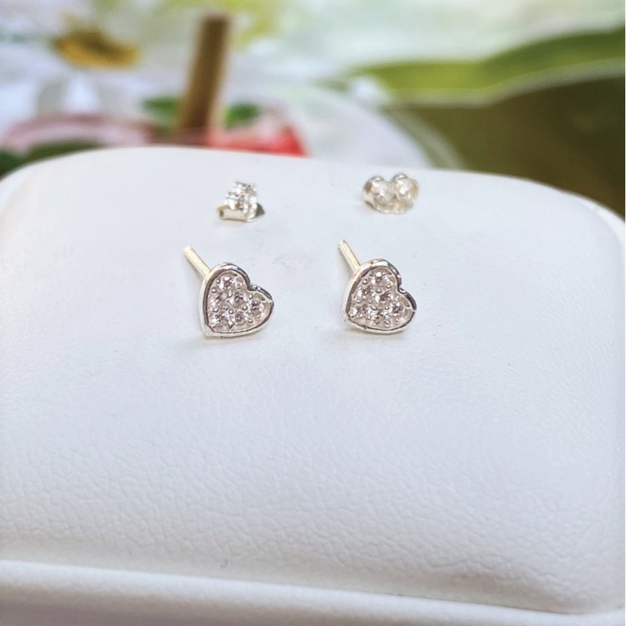 Bông tai bạc nữ hình trái tim, khuyên tai chất liệu bạc ta sang trọng