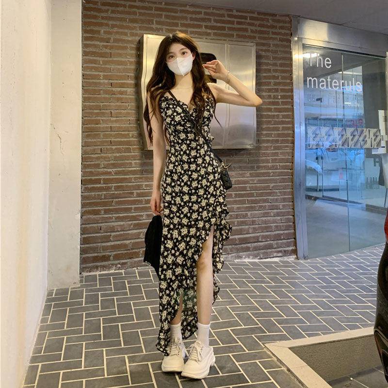 Đầm Dài Dáng Chữ A Xẻ Tà Họa Tiết Hoa Nhí Màu Đen Phong Cách Cổ Điển Thời Trang Mùa Hè Xinh Xắn Cho Nữ