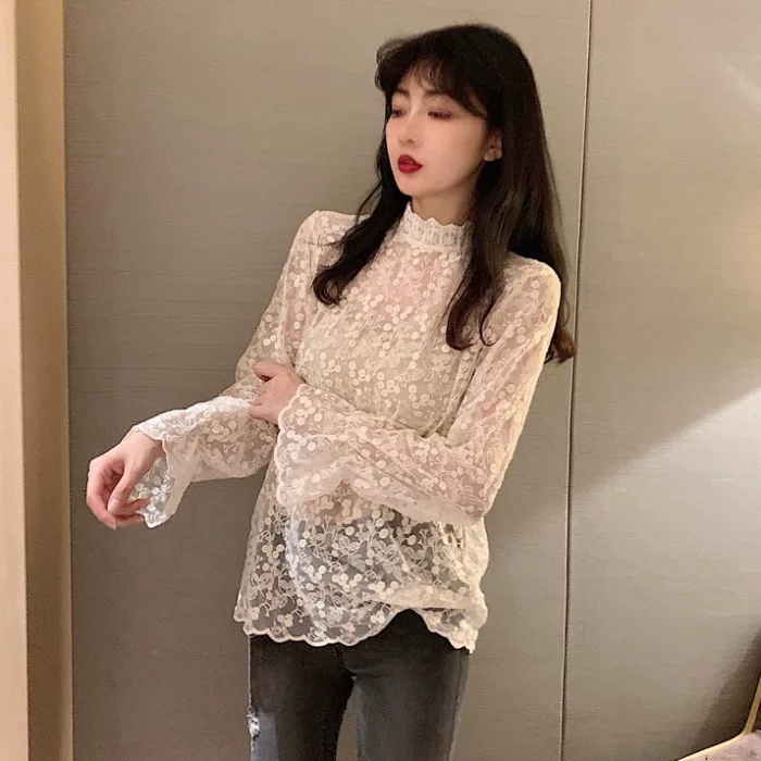 SUXI Áo kiểu tay loe dài phối ren hoa phong cách vintage