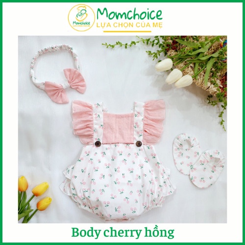 Bodysuit trái cherry bé gái❤️ FREESHIP ❤️ BODY em bé chất thô thêu phối thô cotton (kèm turban,giày vải) size ss -13kg