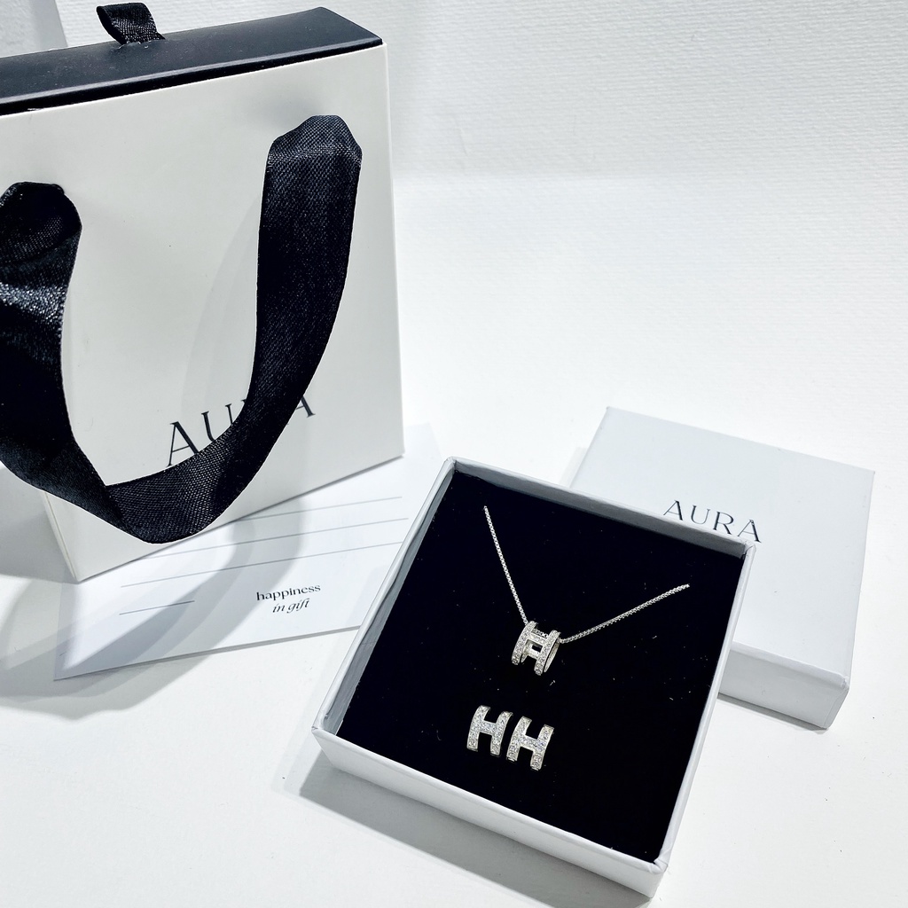 Set dây chuyền khuyên tai nhẫn chữ H Aura Silver