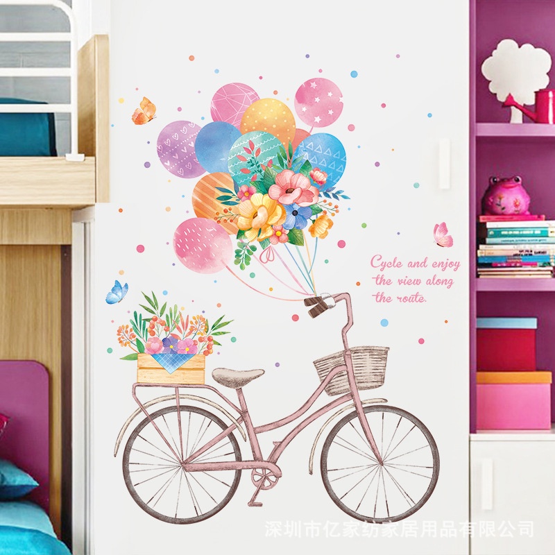 Tranh dán tường 3D Xe đạp và bong bóng KT 95x72cm, Decal trang trí phòng, Miếng dán trang trí phòng khách