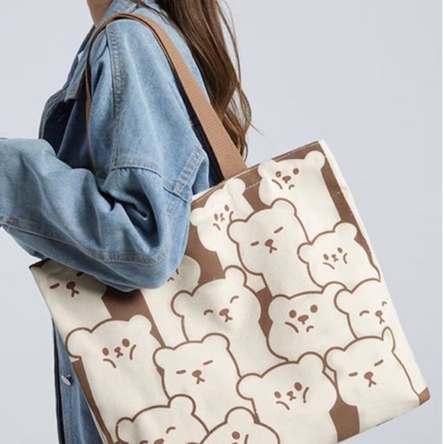 Túi Xách Tay , Túi Vải Gấu Nâu Size To Tiện Dụng Mang Đi Học, Đi Chơi