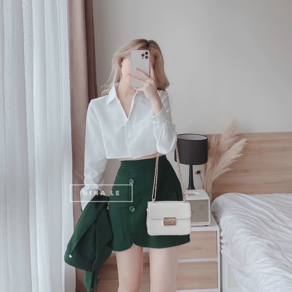 Áo blazer nữ - áo vest nữ,Sét bộ 3 món gồm áo blazer mix áo sơ mi croptop và chân váy xinh xắn