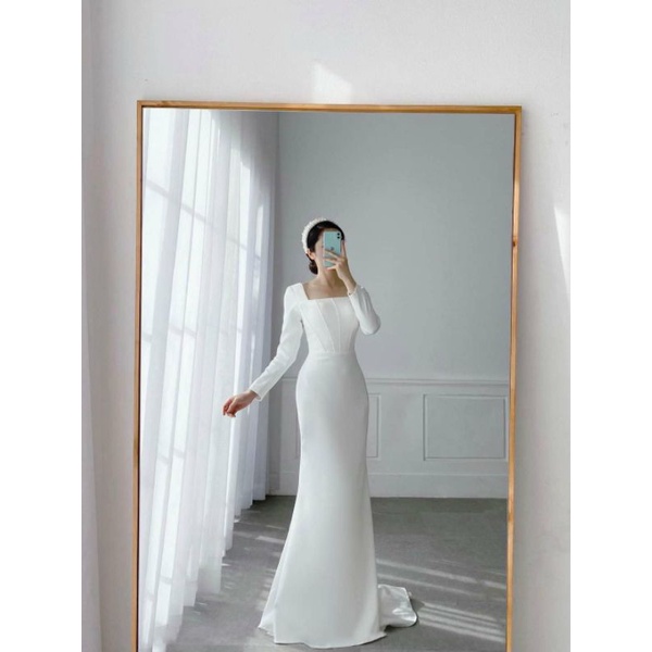 Đầm Dạ Hội Cô Dâu Tay Dài Cổ Vuông Dự Tiệc Hàng Cao cấp y hình