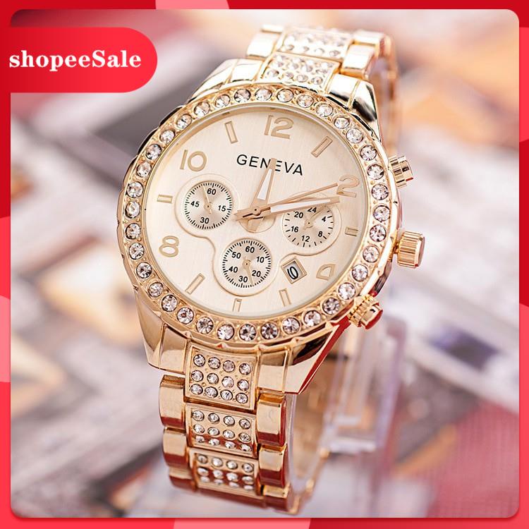 Đồng Hồ Nữ GENEVA Dây Thép Mặt Số Cổ Điển Đính Đá Sang Trọng