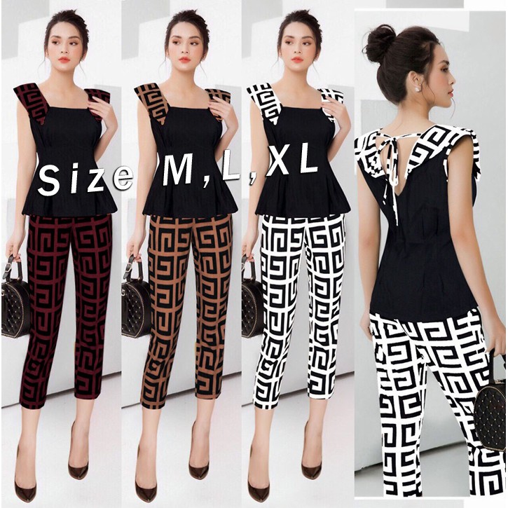Set Nguyên Bộ Quần Lửng Áo Peplum Phối Họa Tiết Xinh J1000