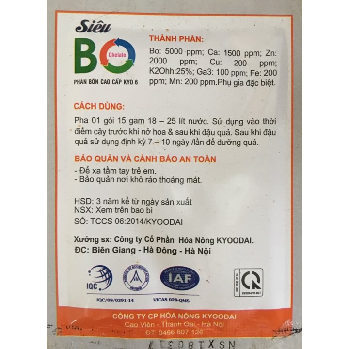 Phân bón Siêu Bo- chống rụng hoa, trái non gói 15gram