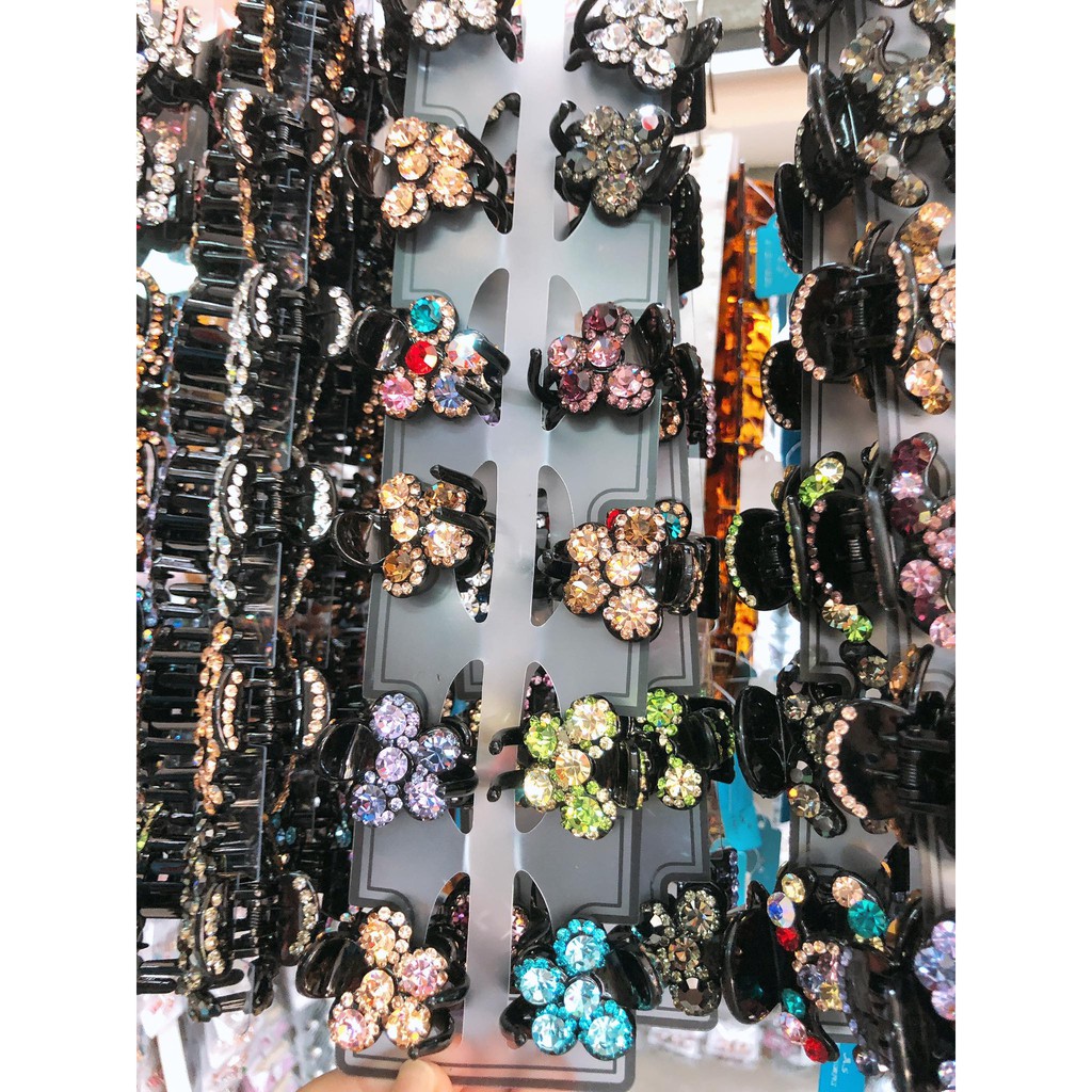 Kẹp tóc càng cua 3 răng đính đá màu cao cấp hình hoa - kẹp nửa tóc hair clip mini