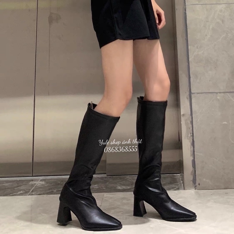 [ SẴN LOẠI 1 - FULL HỘP] bốt nữ magan boots 7 phân cao gót đế gỗ đùi dạ mềm kéo khoá sau cá tính | BigBuy360 - bigbuy360.vn