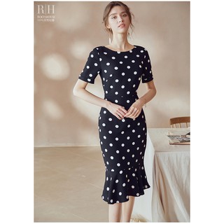 Đầm chấm bi đuôi cá cổ tròn tay ngắn công sở