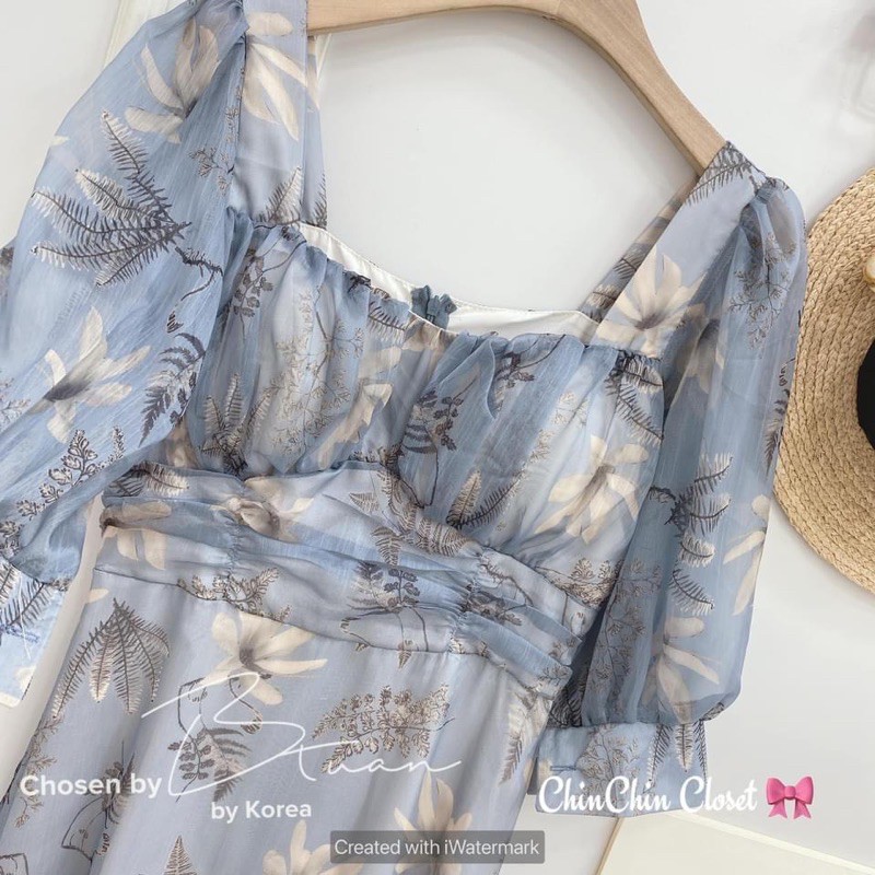 VNU285 - VÁY HOA XANH DƯƠNG CHUN NGỰC DÚM EO | BigBuy360 - bigbuy360.vn