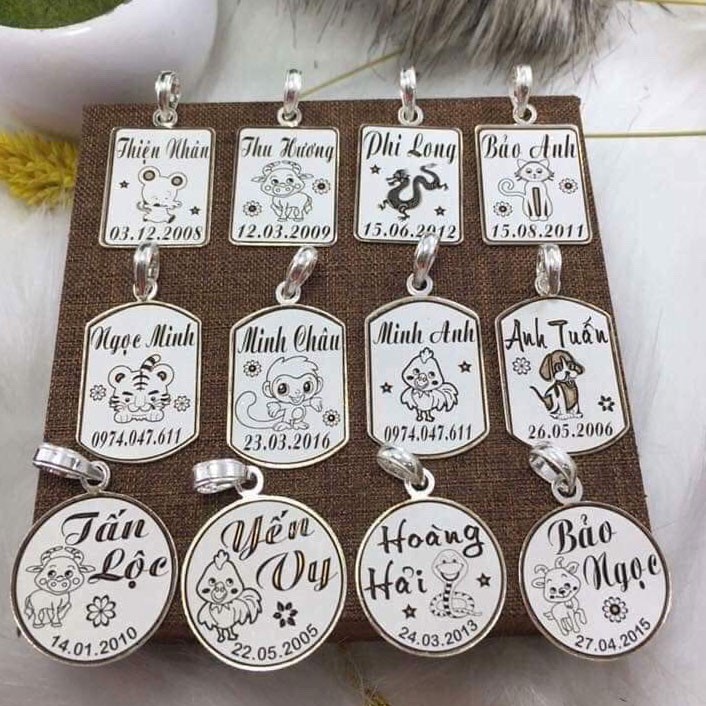 Mặt dây chuyền khắc tên cho bé theo yêu cầu Bạc Quang Thản, hình dáng đa giạng chất liệu bạc thật không xi mạ.