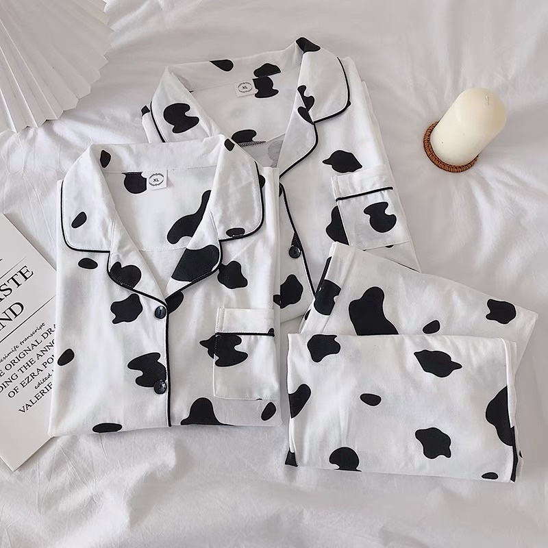 Bộ đồ ngủ pijama nữ cộc tay quần đùi chất lụa Kate Thái mềm mịn màu trắng họa tiết bò sữa xinh xắn - CD0024