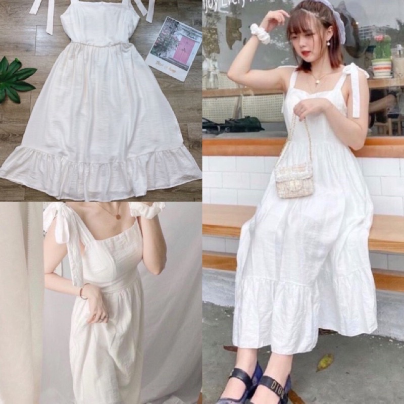 Váy 2 Dây Thắt Nơ Vai Màu Trắng, Đầm 2 Dây Trắng Cột Nơ Vai Nhún Bèo Chan House.