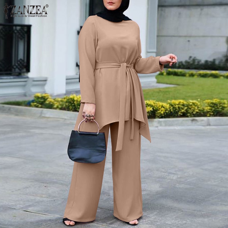 Zanzea Set Đồ Hồi Giáo Gồm Áo Tay Dài Cổ Tròn Và Quần Ống Rộng Có Túi Dành Cho Nữ