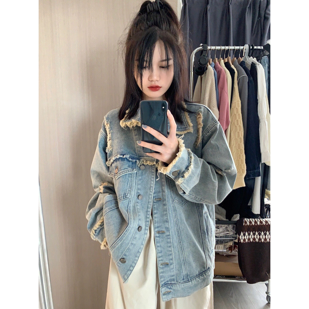 Jiashucheng Áo Khoác Denim Tay Dài Dáng Rộng Kiểu Retro Hồng Kông Dễ Phối Đồ Cho Nữ