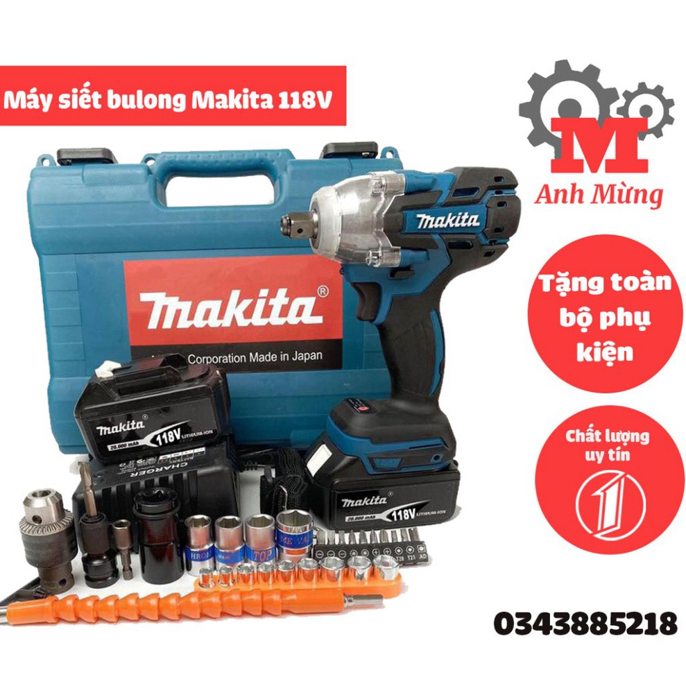 Máy siết bulong Makita 168v tặng bộ phụ kiện,mở bulong khoan vít bắn tôn