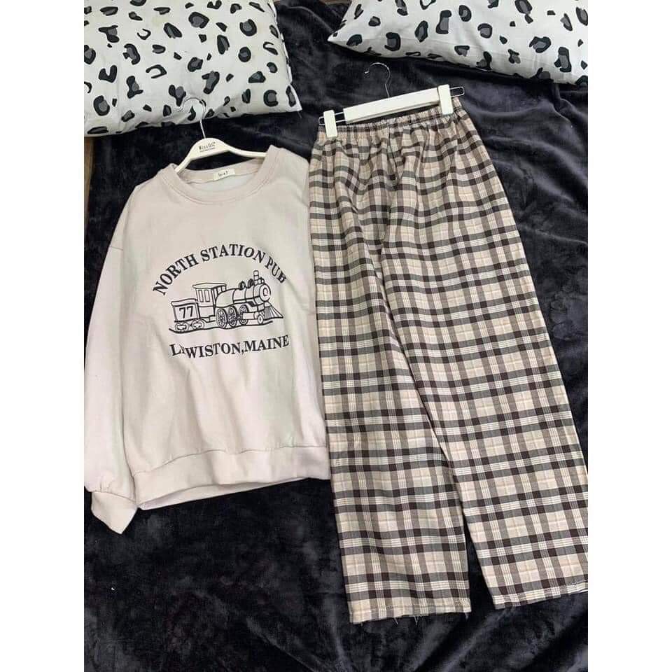 Bộ Nỉ NORTH Culottes Kẻ Tàu Hoả Nữ Unisex - Set sweater nỉ bông tay bồng mix quần suông ống rộng caro Ulzzang