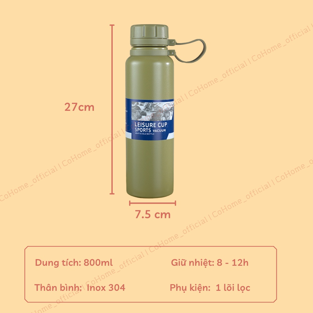 Bình giữ nhiệt Vaccum cao cấp 800ml giữ nóng lạnh 8h - 10h, bình nước giữ nhiệt thể thao
