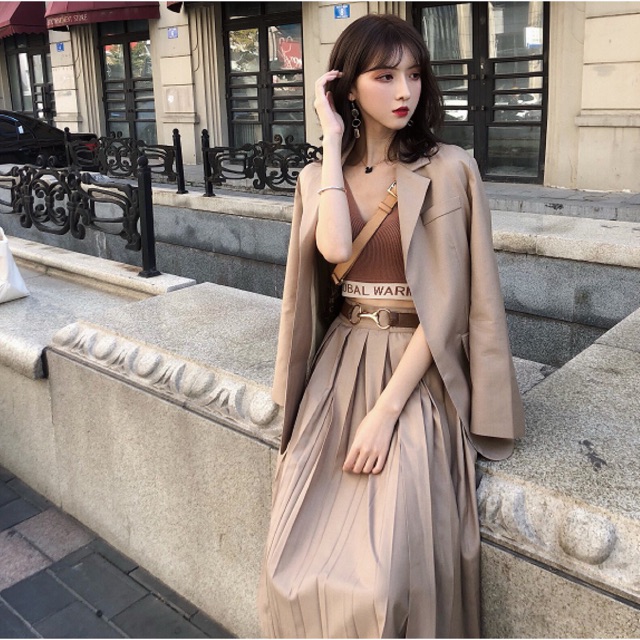 SET KHOÁC VEST+ CHÂN VAY XẾP LI+ áo Bra Quảng Châu order mã 6467