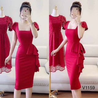 Đầm ôm tay phồng cổ vuông eo nhúng bèo Hàng Thiết Kế