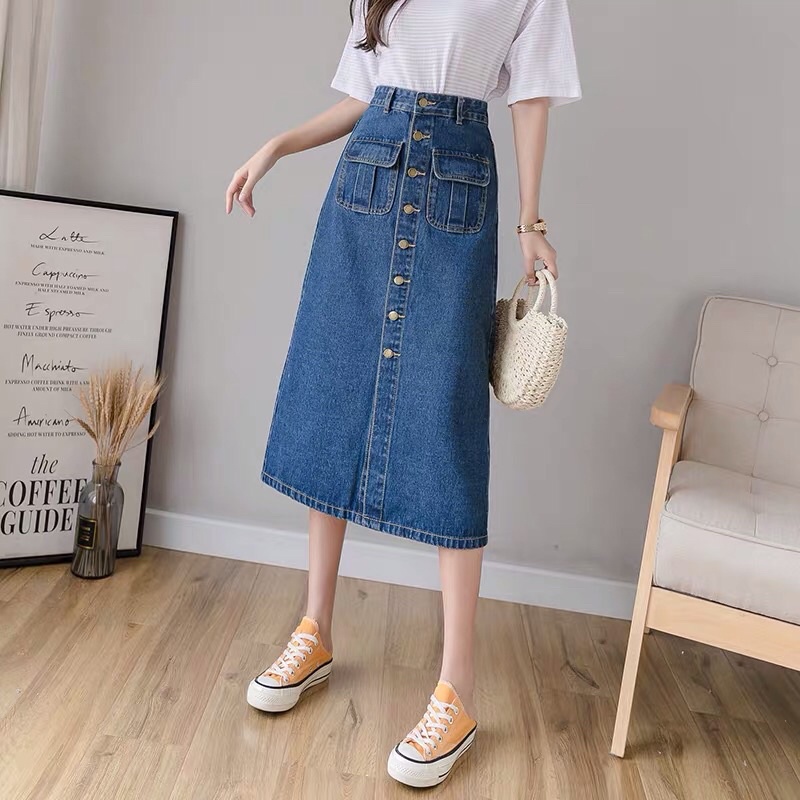 CHÂN VÁY MIDI DENIM PHỐI TÚI NẮP UIMEECLOSET CHẤT LIỆU JEANS DENIM