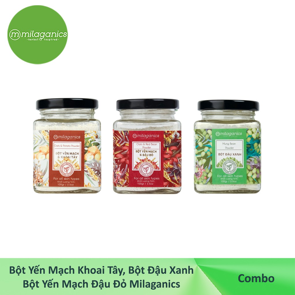 Combo 3 Bột Dưỡng Da Milaganics: Yến Mạch Khoai Tây + Yến Mạch Đậu Đỏ + Đậu Xanh (100g/ hũ)