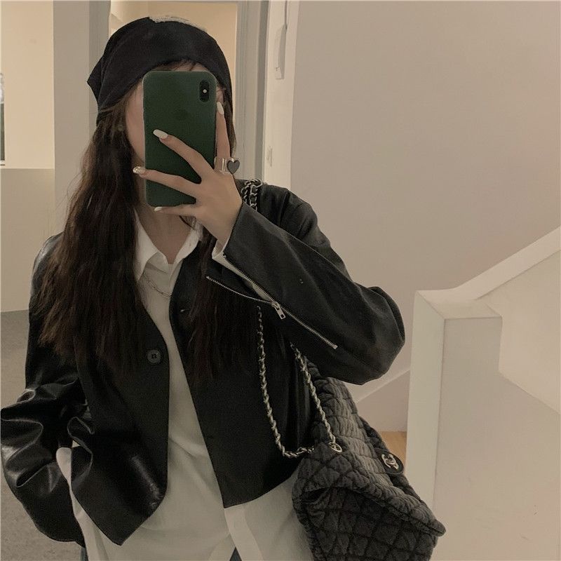 Áo Khoác Da Dáng Ngắn Rộng Cổ Chữ V Thời Trang Vintage 2022 Dành Cho Nữ