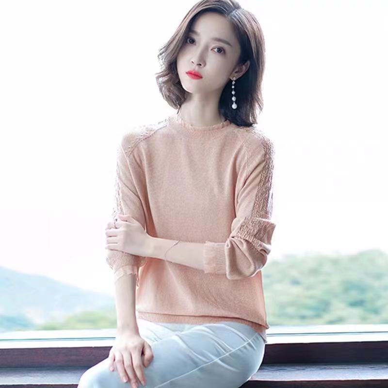 Áo Dệt Kim Tay Dài Phối Ren Hoa Thiết Kế Dáng Rộng Che Khuyết Điểm